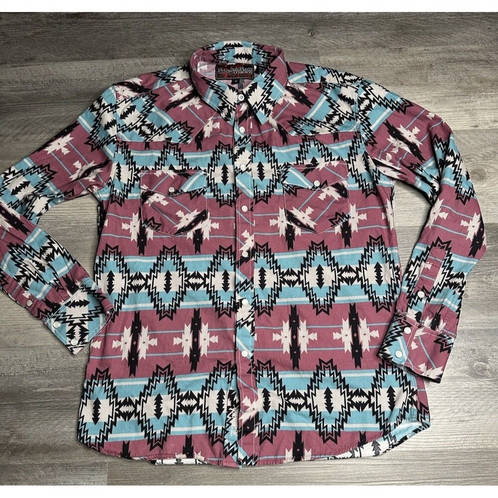 Rock & Roll Cowgirl Shirt Womens M Pink Blue Aztec Western Pearl Snap Rodeo Top